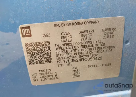 2024 Chevrolet Trax Fwd 2Rs z USA, uszkodzony, nr VIN KL77LJE24RC050429